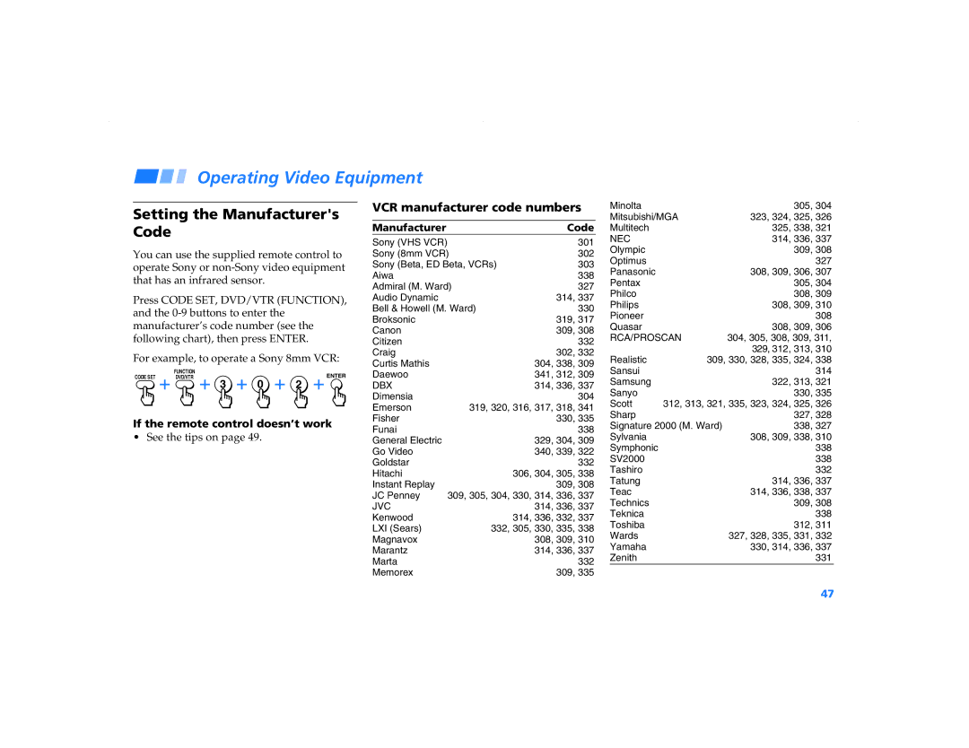 Sony KP-48V90 Operating Video Equipment, Setting the Manufacturers Code, VCR manufacturer code numbers, See the tips on 