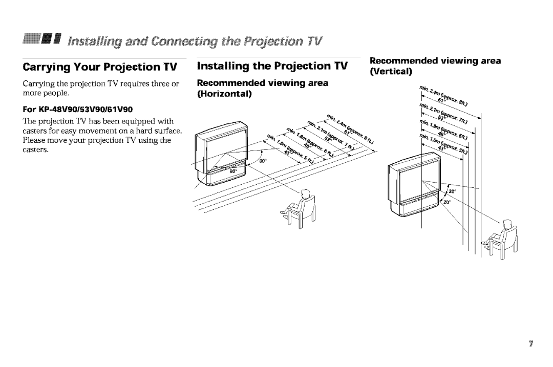 Sony KP-53VGB, KP-61V90 manual Recommended viewing area, Horizontal For KP-48V90153V90161V90 