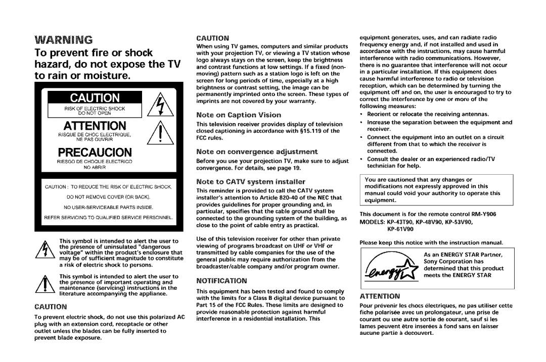 Sony KP-61V90, KP-53VGB manual ATrENTION, CAUTmON 