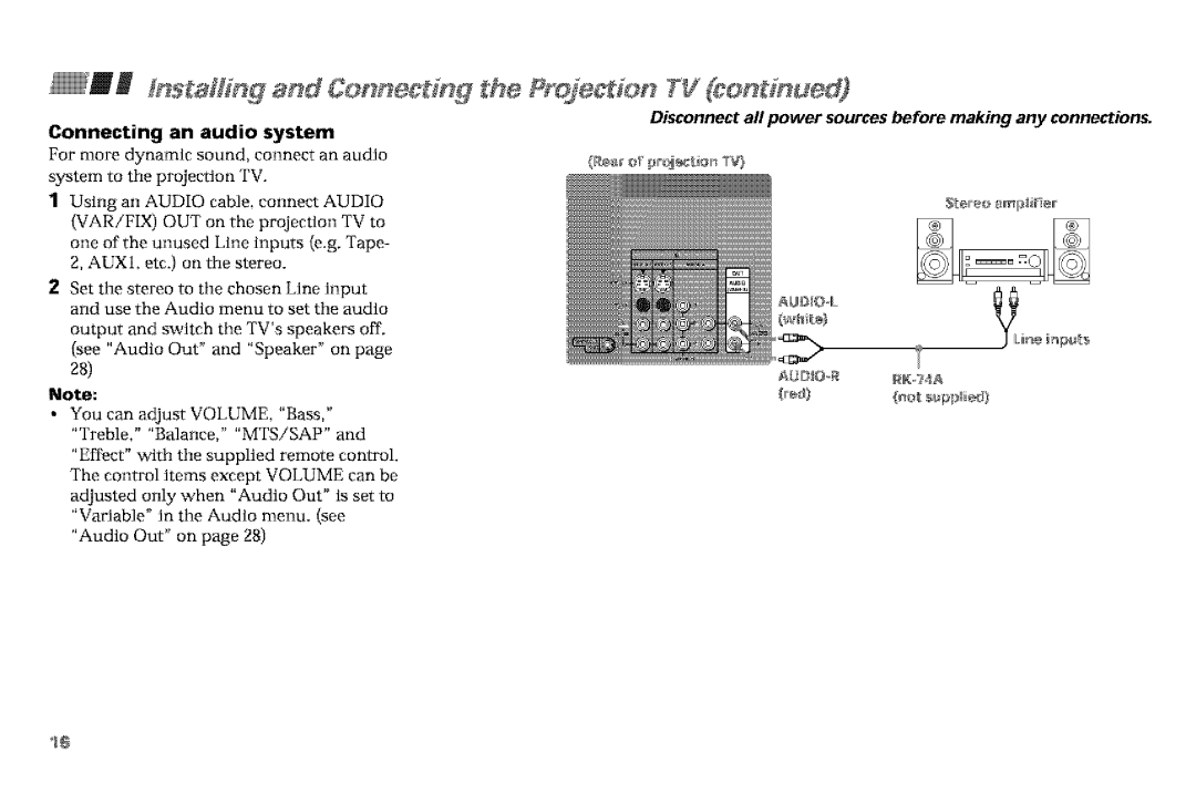 Sony KP-61V90, KP-53VGB manual @!Installing and Connec g, Connecting an audio system 