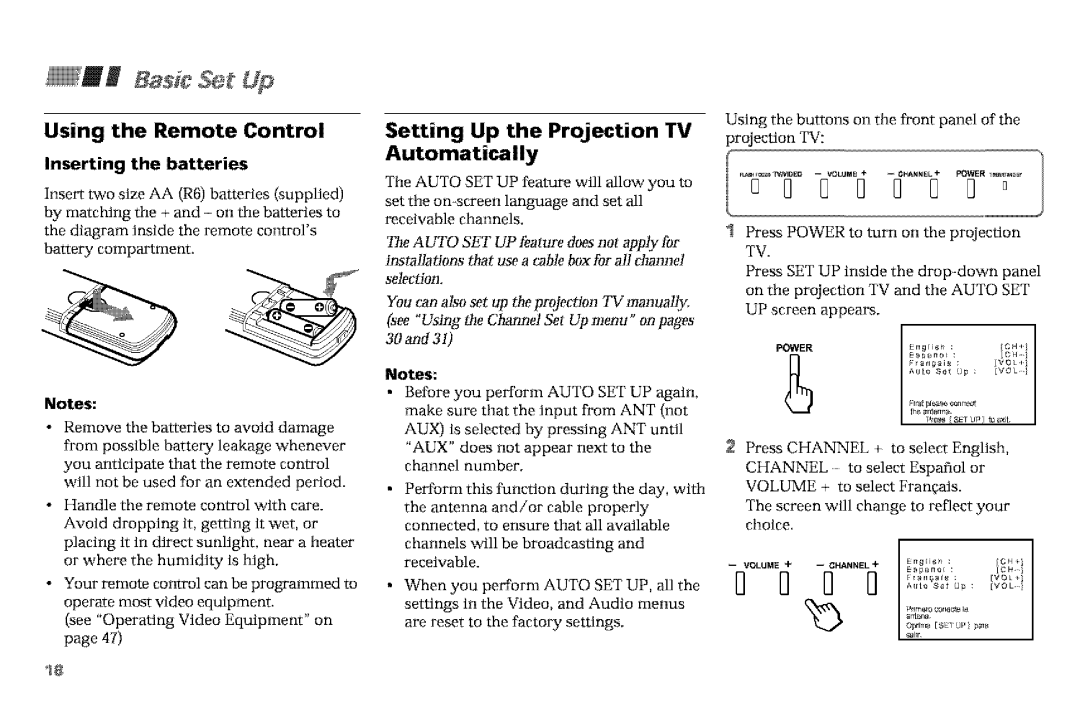 Sony KP-61V90, KP-53VGB manual Using the Remote Control, Setting Up the Projection TV Automatically, Inserting the batteries 