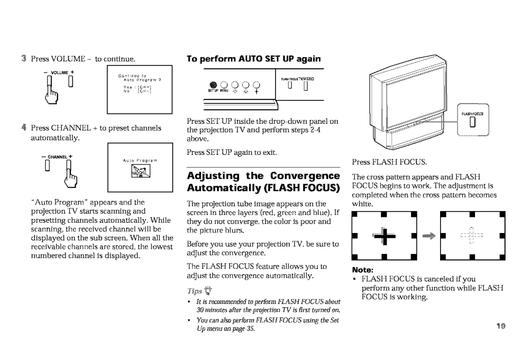 Sony KP-53VGB, KP-61V90 manual Adjusting the Convergence Automatically Flash Focus, To perform Auto SET UP again 