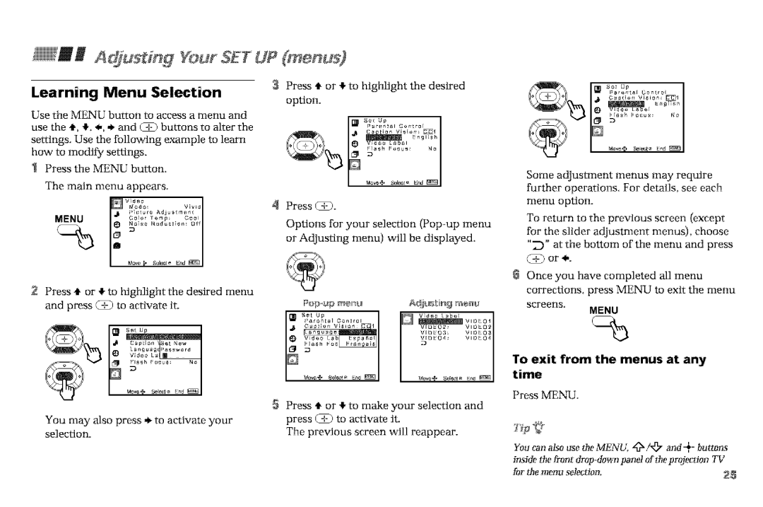 Sony KP-53VGB manual AddUs # g YourSETUP mer u J, Learning Menu Selection, To exit from the menus at any time, Press Menu 