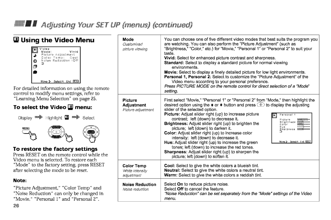 Sony KP-61V90, KP-53VGB manual Adj#s # g YourSETUP mer us, #on# ued, Using the Video Menu, To select the Video menu 