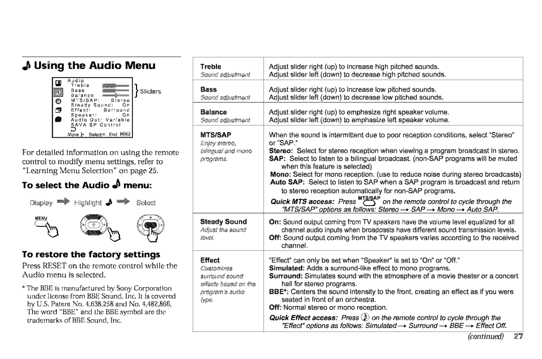 Sony KP-53VGB, KP-61V90 manual Using the Audio Menu, To select the Audio menu, To restore the factory settings 