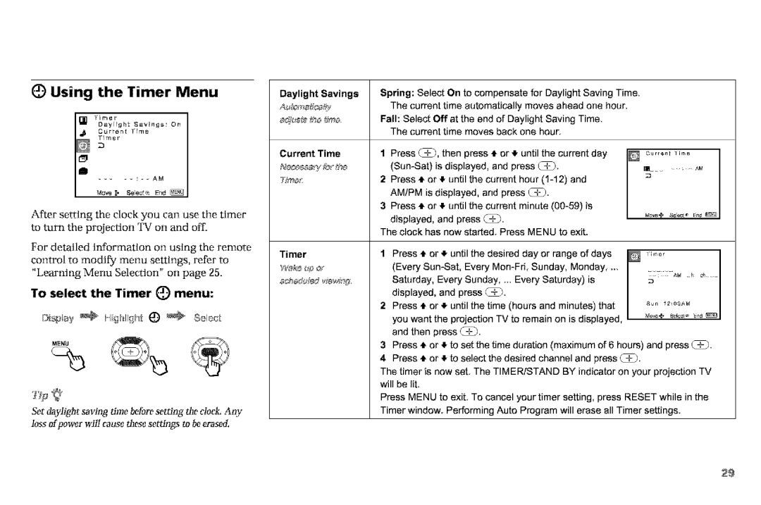 Sony KP-53VGB, KP-61V90 manual Using Timer Menu, To select Timer Menu, Daylight Savings Spring 