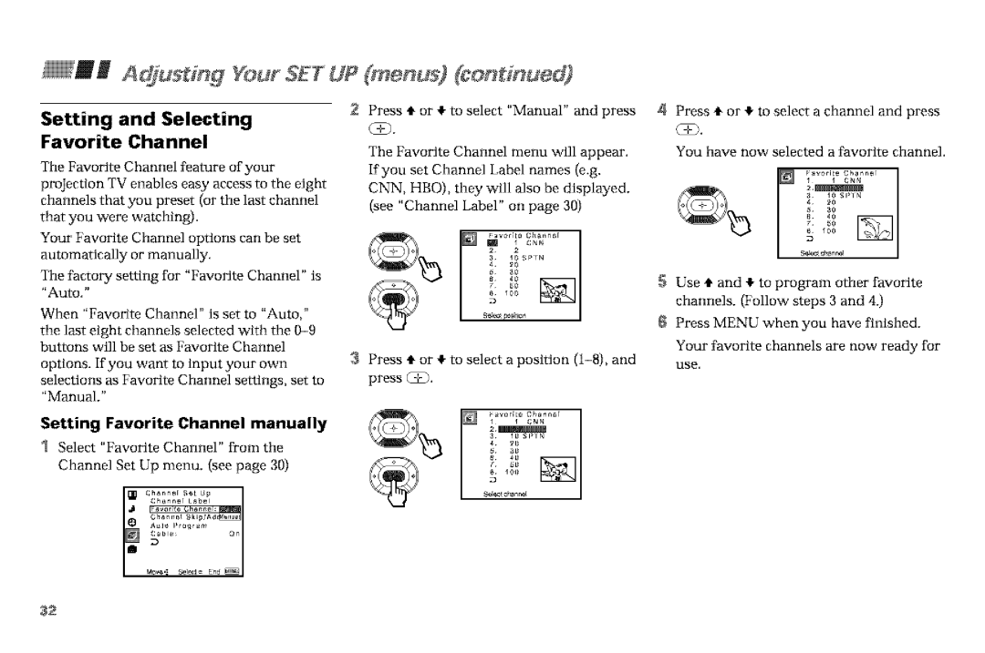 Sony KP-61V90, KP-53VGB manual AdjUs # # YourSETUP mer us #o##nued, Setting and Selecting Favorite Channel 