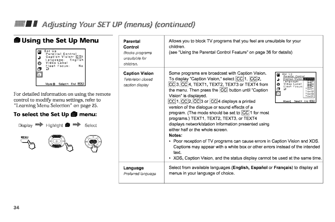 Sony KP-61V90, KP-53VGB manual DimUsing Set Up Menu, To select the Set Up menu, Caption Vision Language, TEXT1 TEXT2 Text 