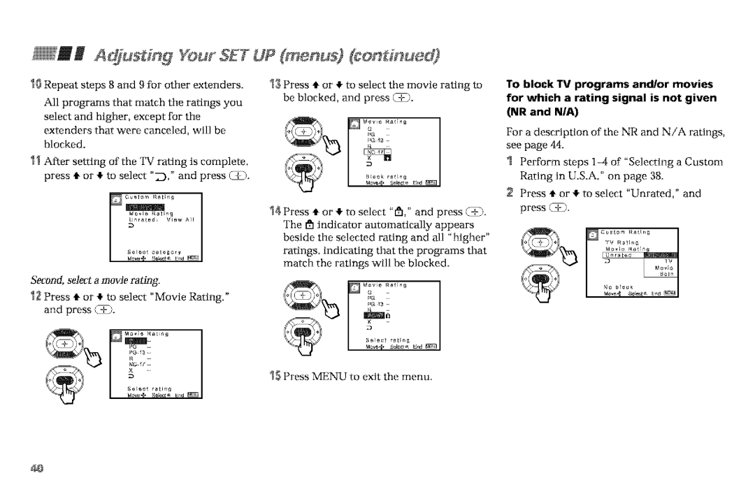 Sony KP-61V90, KP-53VGB manual AdjUs # # YourSETUP mer us #on#nued, Second, select a movJe rating 