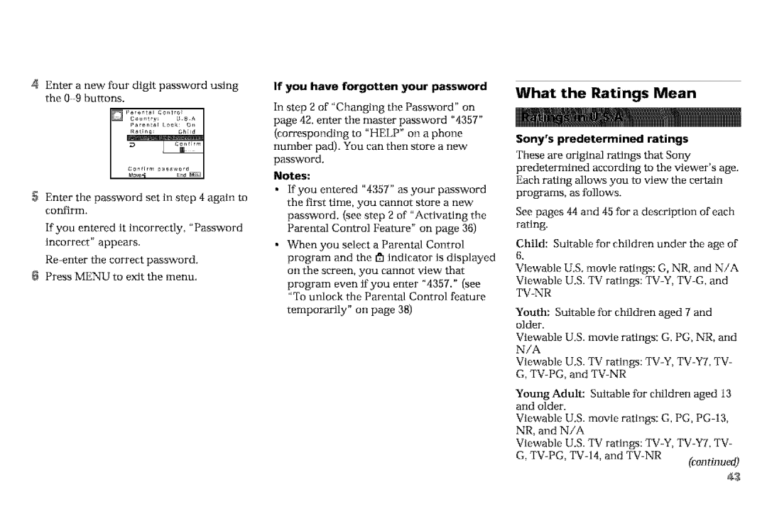 Sony KP-53VGB, KP-61V90 manual What the Ratings Mean, Sonyspredetermined ratings, If you have forgotten your password 