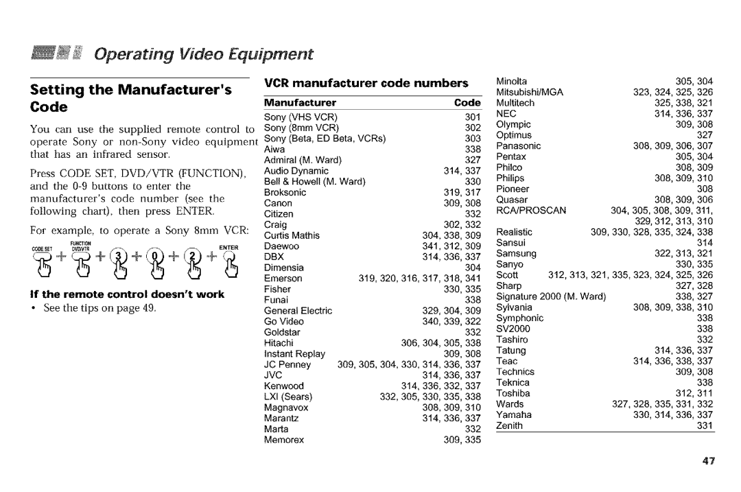 Sony KP-53VGB Operating Video Equipment, Setting the Manufacturers Code, VCR manufacturer Code numbers, Manufacturer Code 