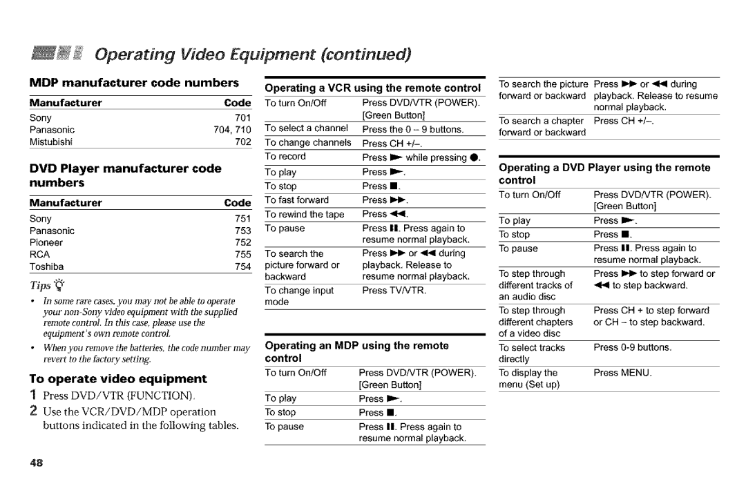 Sony KP-61V90, KP-53VGB manual To operate Video Equipment, Press DYD/VTR Function, Use the VCR/DVD/MDP Operation 