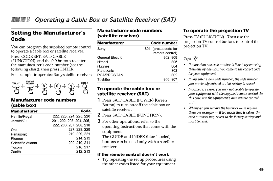 Sony KP-53VGB Operating a Cable Box or Satellite Receiver SAT, Manufacturer code numbers, To operate the projection TV 