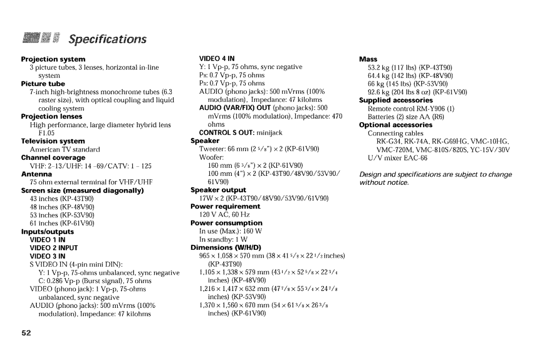 Sony KP-61V90 Projection system, Picture tube, Projection lenses, Television system, Channel coverage, Inputs/outputs 