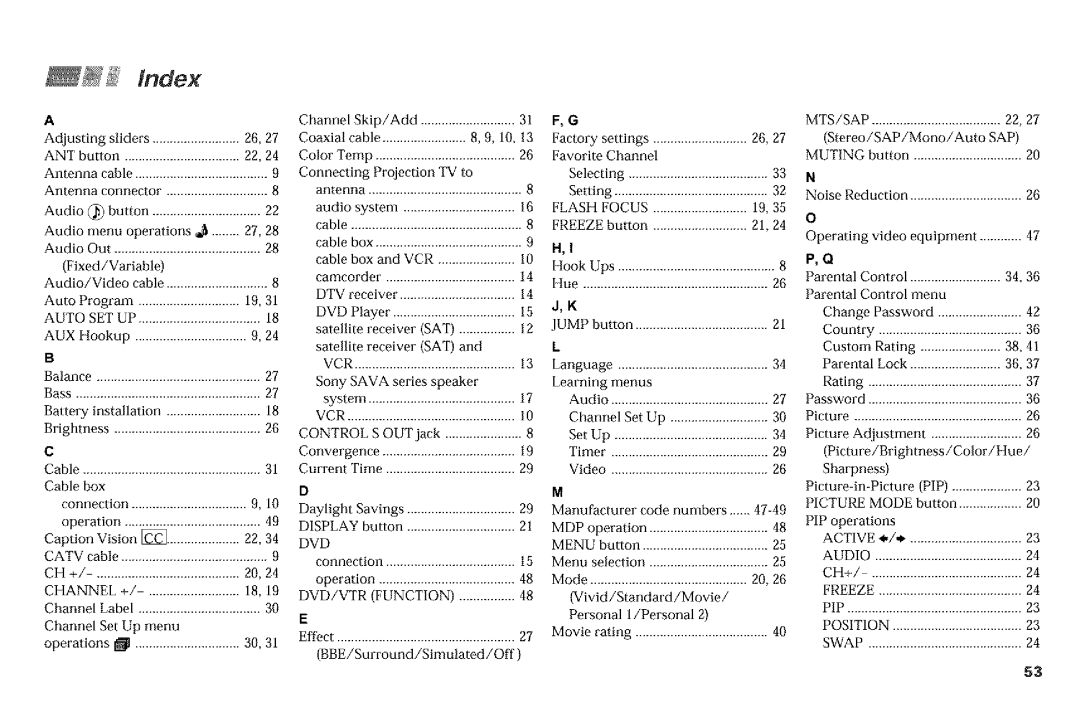 Sony KP-53VGB, KP-61V90 manual Index 