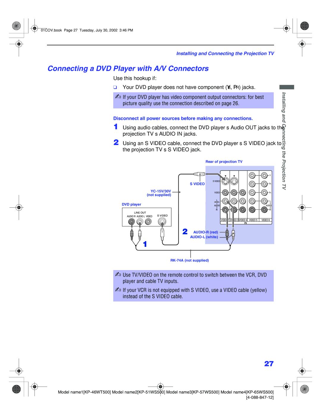 Sony KP-46WT500, KP-65WS500, KP-51WS500, KP-57WS500 manual Connecting a DVD Player with A/V Connectors 