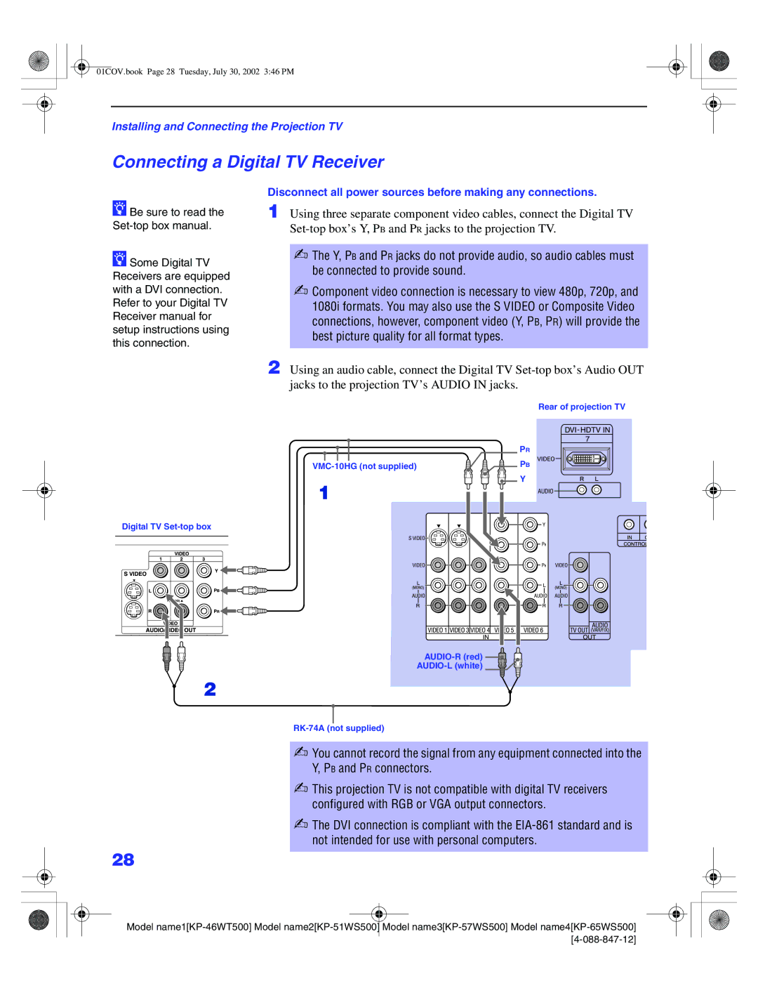 Sony KP-65WS500, KP-51WS500, KP-57WS500, KP-46WT500 manual Connecting a Digital TV Receiver 