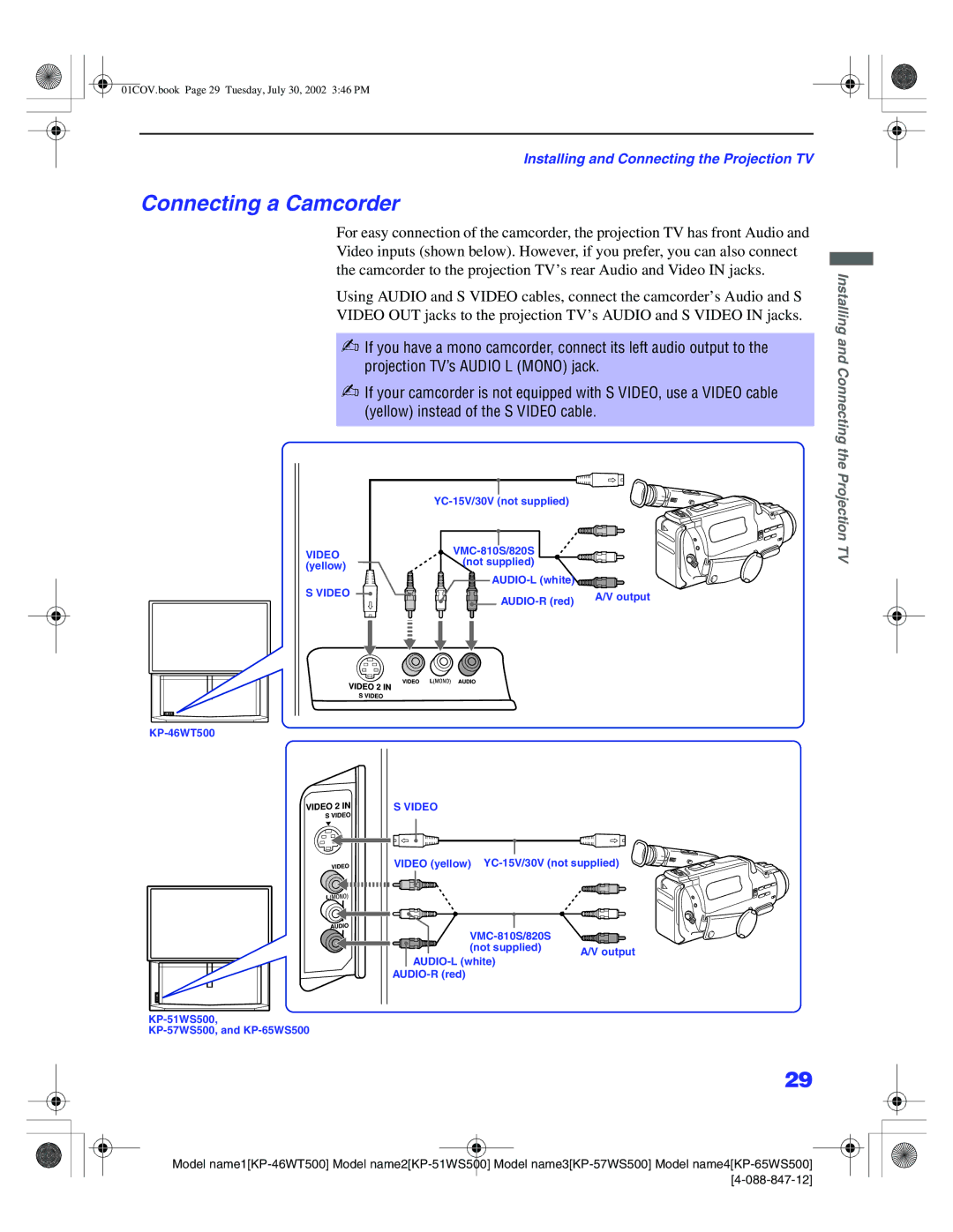 Sony KP-51WS500, KP-65WS500, KP-57WS500, KP-46WT500 manual Connecting a Camcorder 