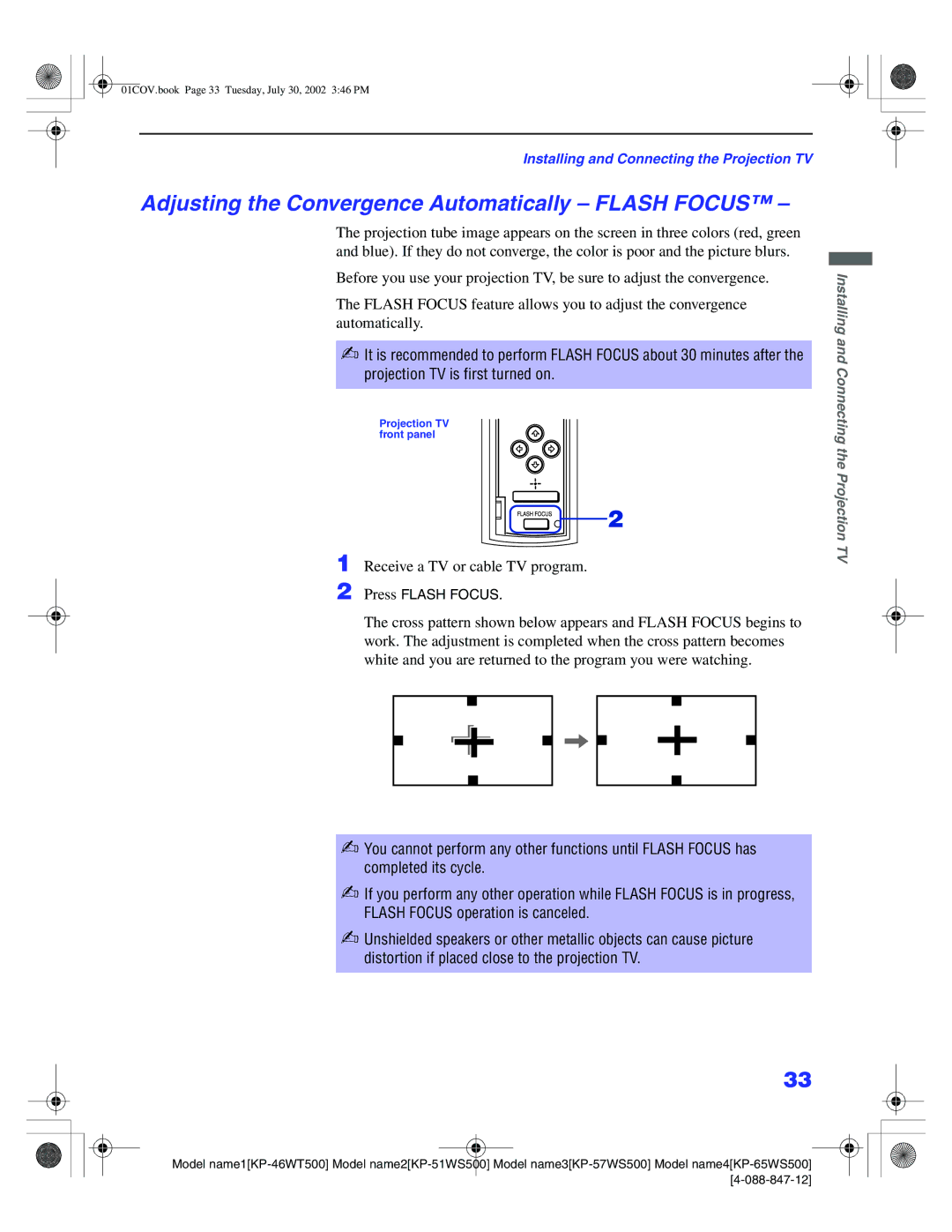 Sony KP-51WS500 Adjusting the Convergence Automatically Flash Focus, Receive a TV or cable TV program, Press Flash Focus 