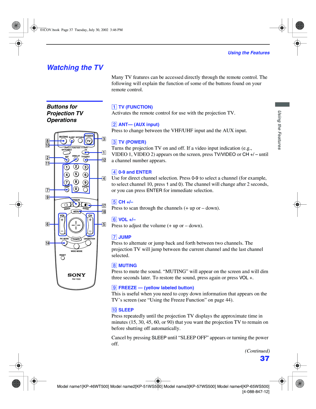 Sony KP-51WS500, KP-65WS500, KP-57WS500, KP-46WT500 manual Watching the TV, Buttons for, Projection TV, Operations 