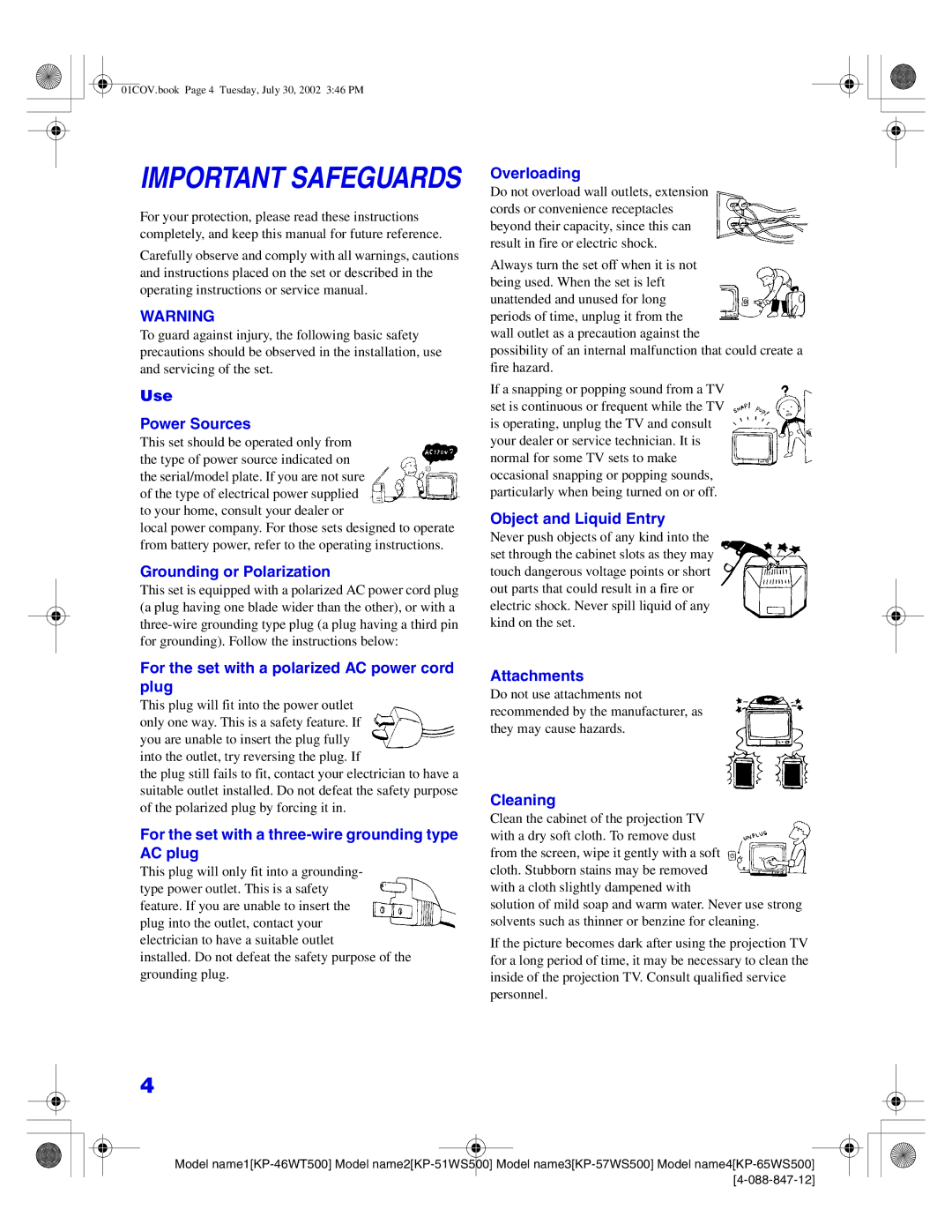 Sony KP-65WS500, KP-51WS500, KP-57WS500, KP-46WT500 manual Important Safeguards 