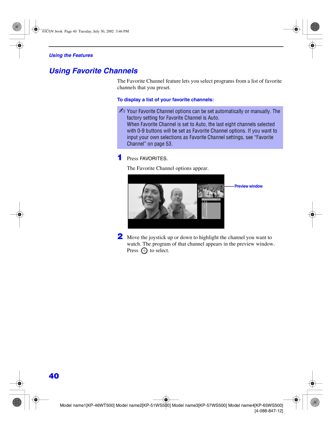 Sony KP-65WS500, KP-51WS500, KP-57WS500 manual Using Favorite Channels, Favorite Channel options appear, Press Favorites 