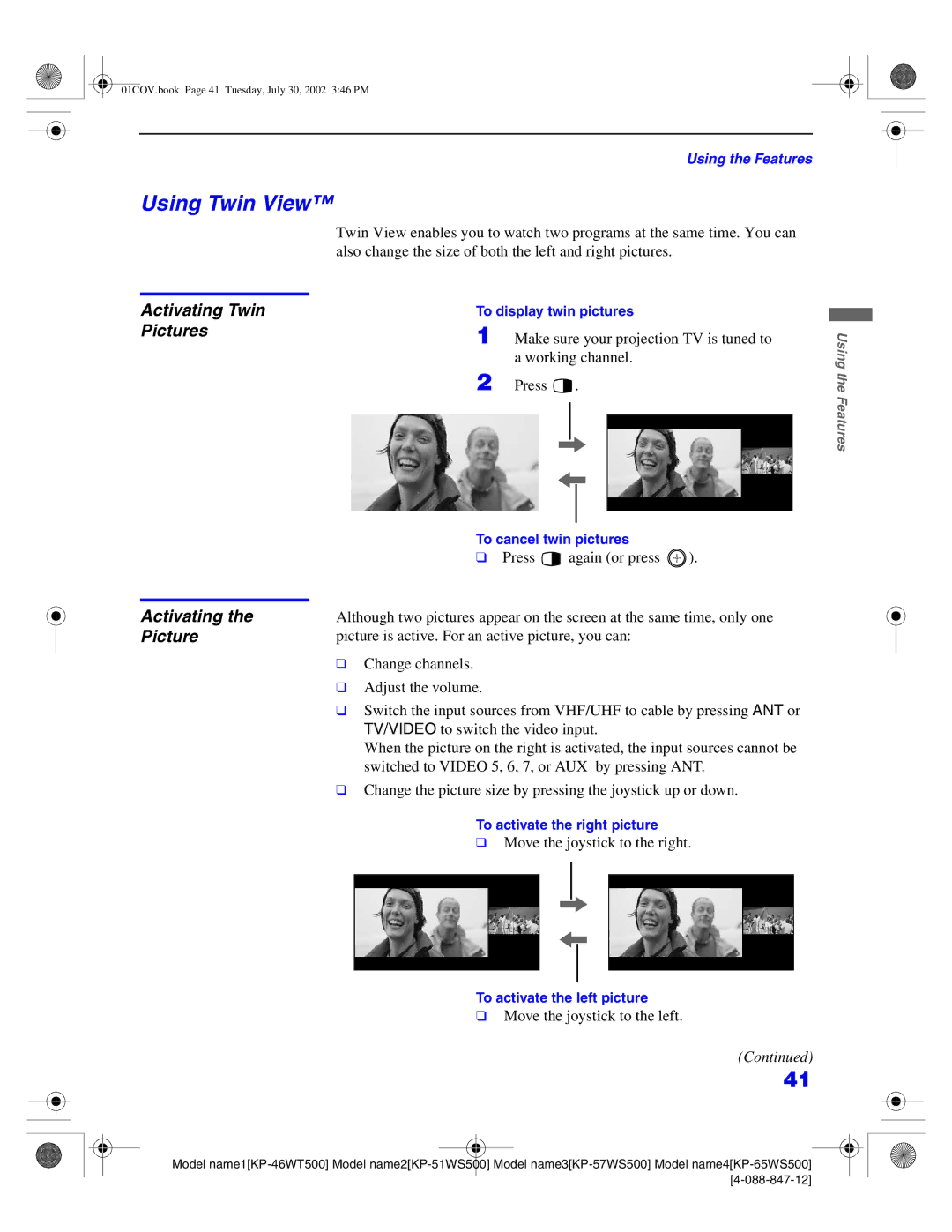 Sony KP-51WS500 manual Using Twin View, Activating Twin Pictures Activating the Picture, Move the joystick to the right 