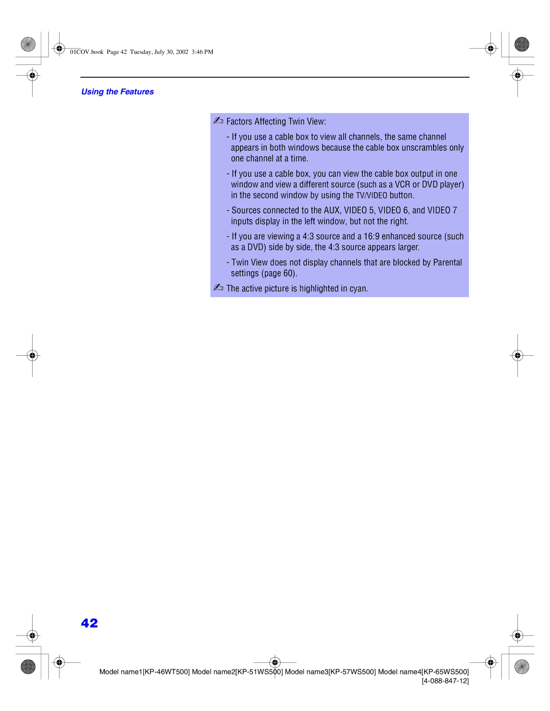 Sony KP-57WS500, KP-65WS500, KP-51WS500, KP-46WT500 manual 01COV.book Page 42 Tuesday, July 30, 2002 346 PM 