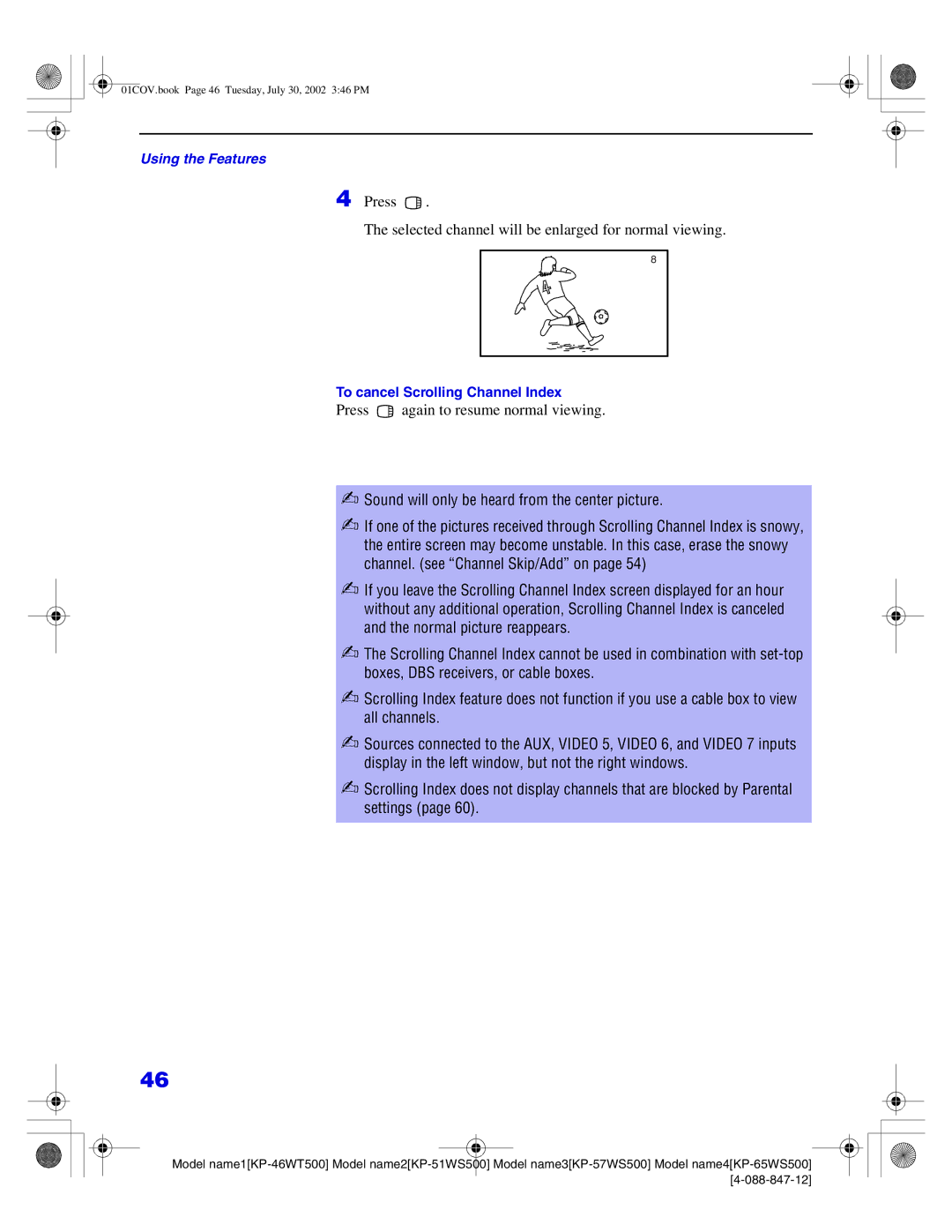 Sony KP-57WS500 manual Press Selected channel will be enlarged for normal viewing, Press again to resume normal viewing 