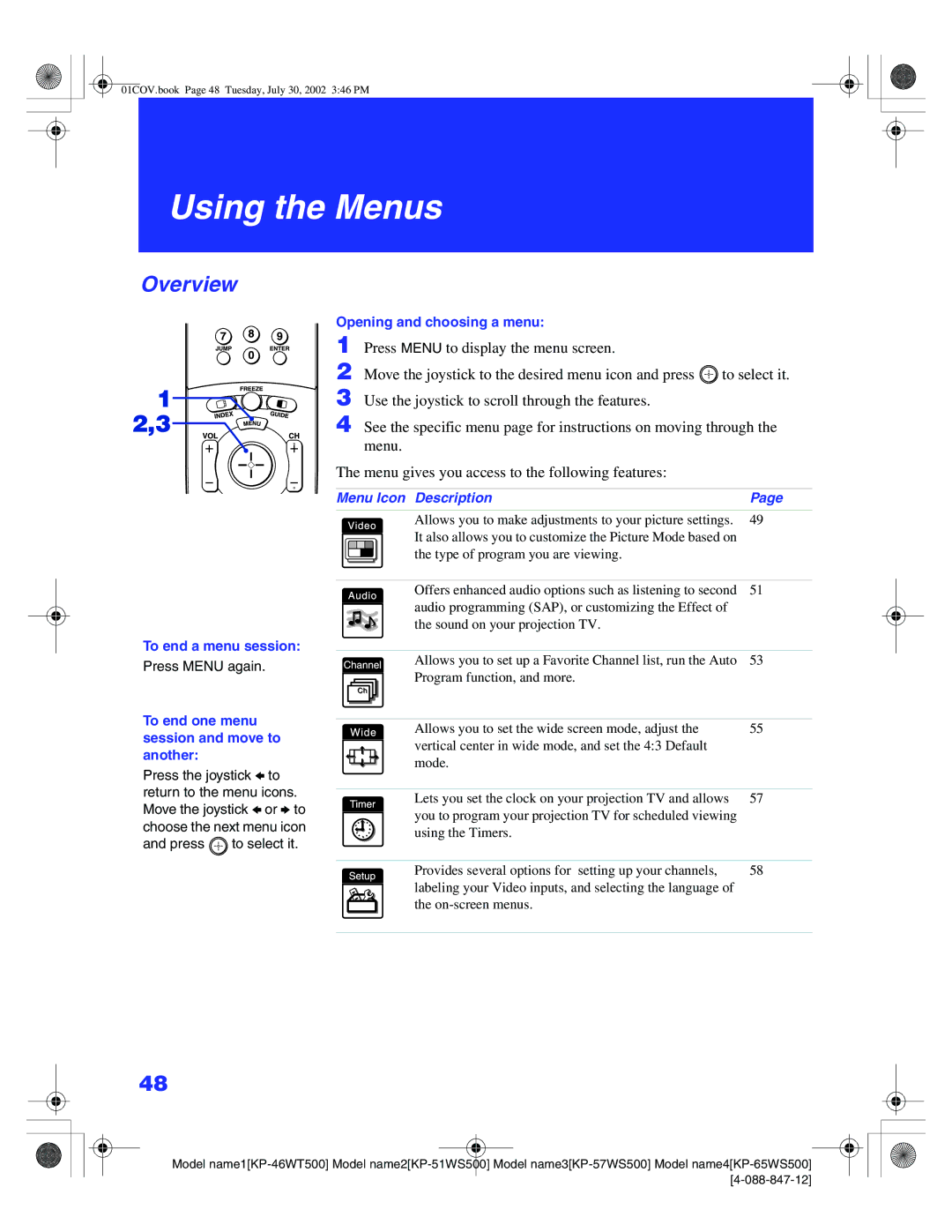 Sony KP-65WS500 Overview, Press Menu again, Press to select it, Allows you to make adjustments to your picture settings 