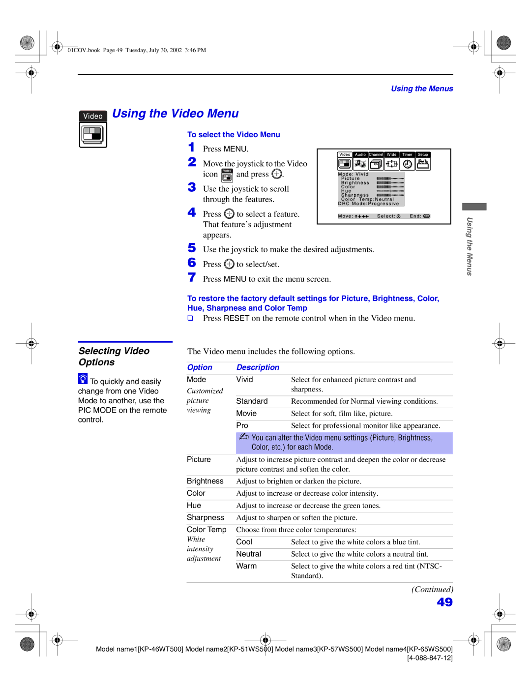 Sony KP-51WS500, KP-65WS500, KP-57WS500, KP-46WT500 manual Using the Video Menu, Selecting Video Options 