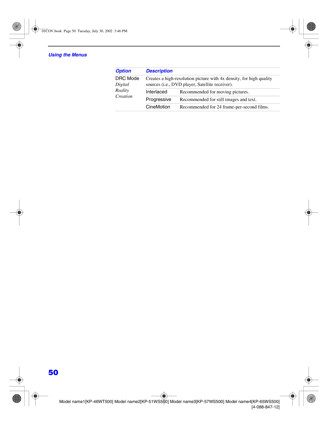 Sony KP-57WS500, KP-65WS500, KP-51WS500, KP-46WT500 manual Using the Menus Option Description, DRC Mode 