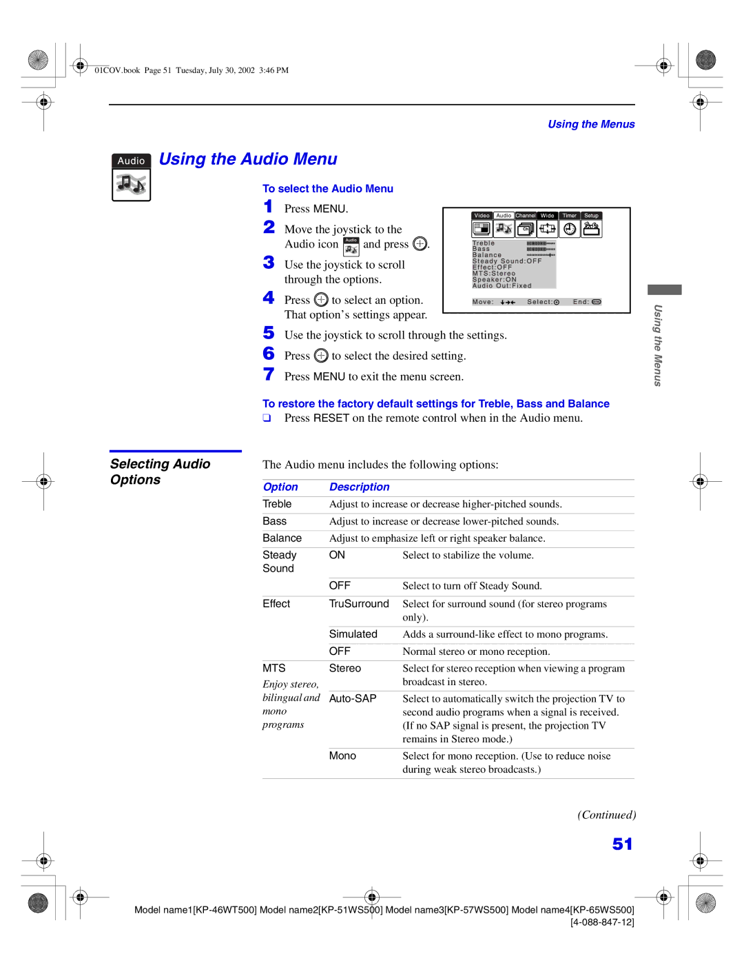 Sony KP-46WT500 Using the Audio Menu, Selecting Audio Options, Press Reset on the remote control when in the Audio menu 