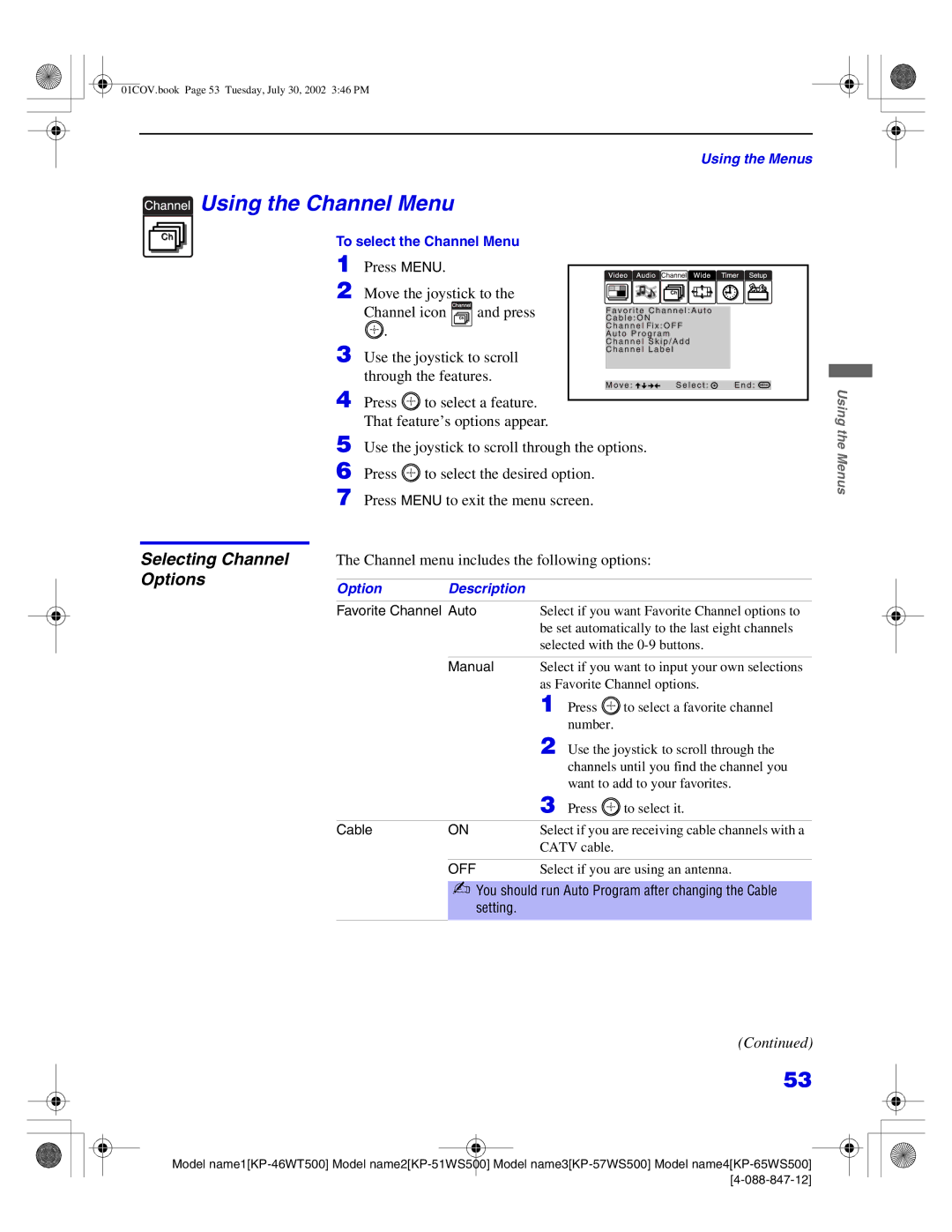 Sony KP-51WS500, KP-65WS500 Using the Channel Menu, Selecting Channel Options, Channel menu includes the following options 