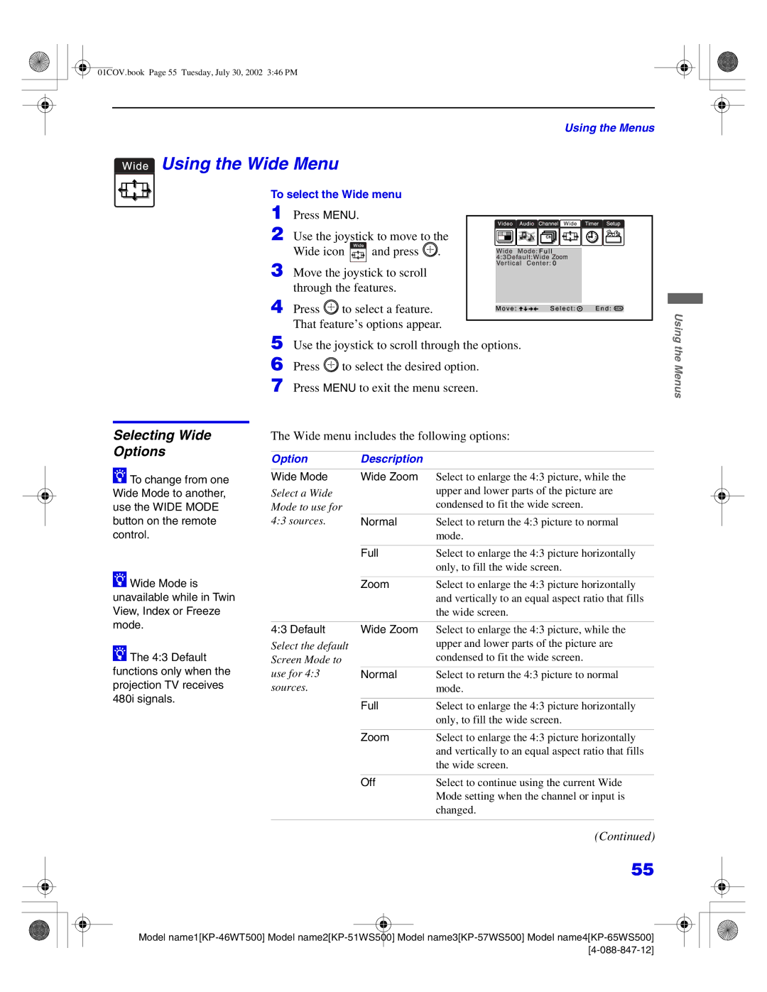 Sony KP-46WT500, KP-65WS500 manual Using the Wide Menu, Selecting Wide Options, Wide menu includes the following options 