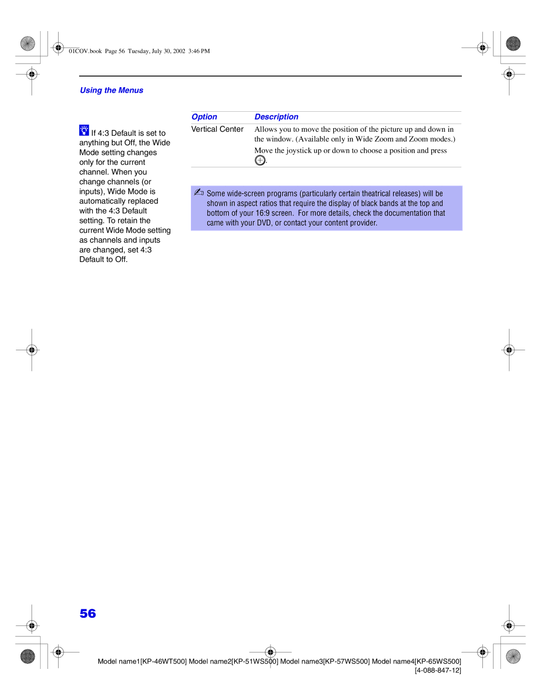 Sony KP-65WS500, KP-51WS500, KP-57WS500, KP-46WT500 manual 01COV.book Page 56 Tuesday, July 30, 2002 346 PM 