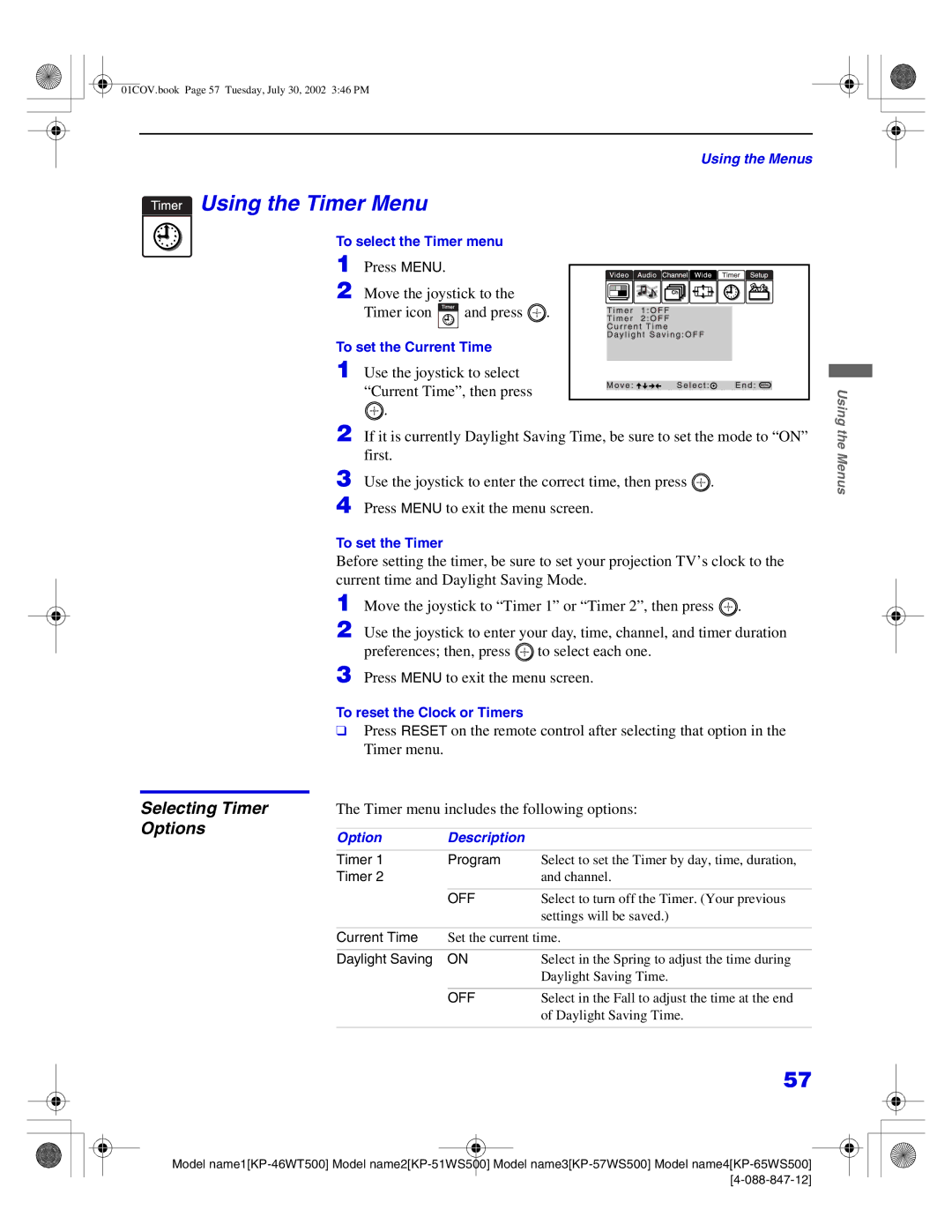 Sony KP-51WS500 manual Using the Timer Menu, Selecting Timer Options, Press Menu Move the joystick to Timer icon and press 