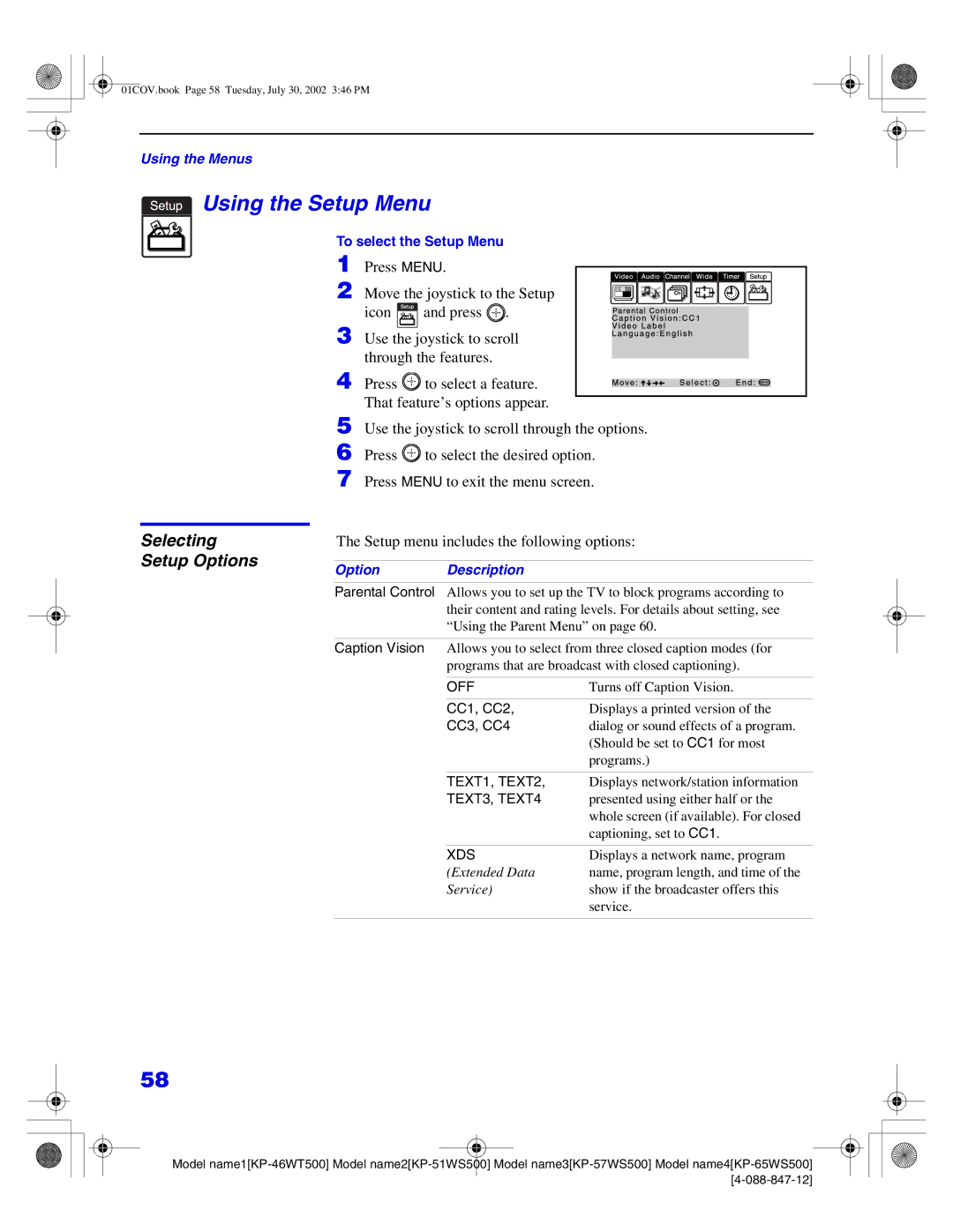 Sony KP-57WS500 manual Using the Setup Menu, Selecting Setup Options, Setup menu includes the following options, CC1, CC2 