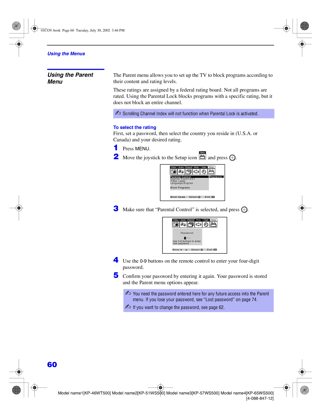 Sony KP-65WS500, KP-51WS500, KP-57WS500, KP-46WT500 manual Using the Parent Menu, If you want to change the password, see 