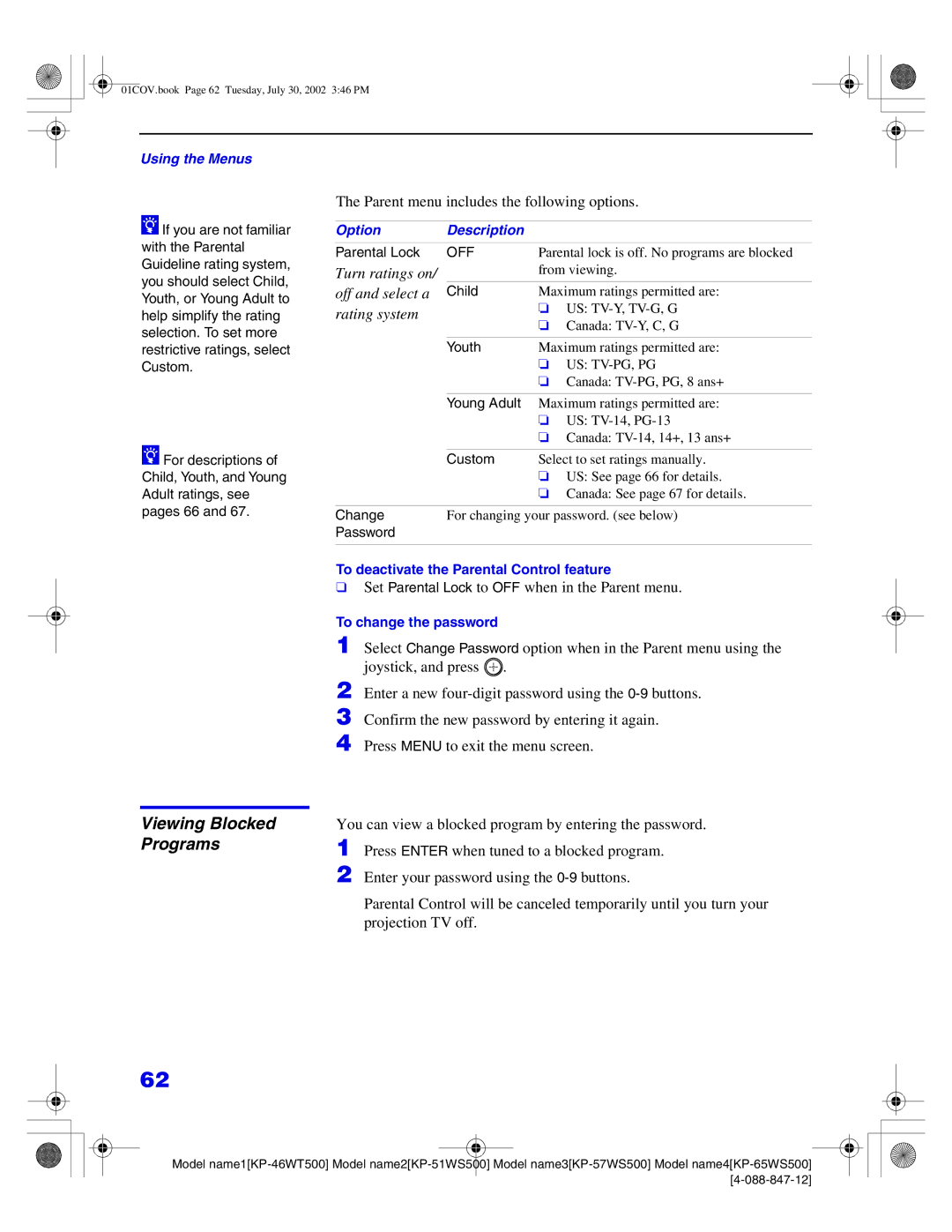 Sony KP-57WS500, KP-65WS500, KP-51WS500, KP-46WT500 Viewing Blocked Programs, Parent menu includes the following options 