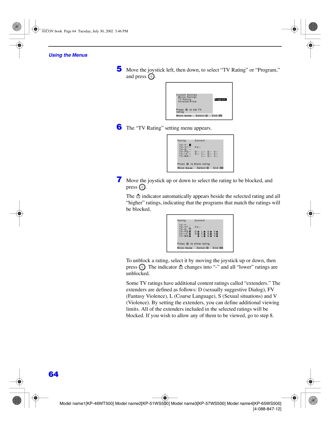 Sony KP-65WS500, KP-51WS500, KP-57WS500, KP-46WT500 manual 01COV.book Page 64 Tuesday, July 30, 2002 346 PM 