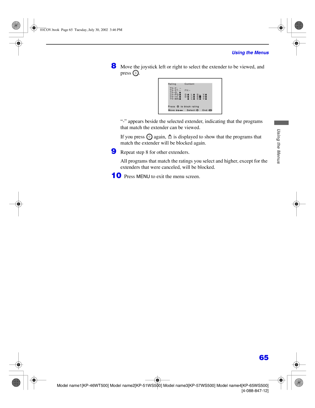 Sony KP-51WS500, KP-65WS500, KP-57WS500, KP-46WT500 manual 01COV.book Page 65 Tuesday, July 30, 2002 346 PM 