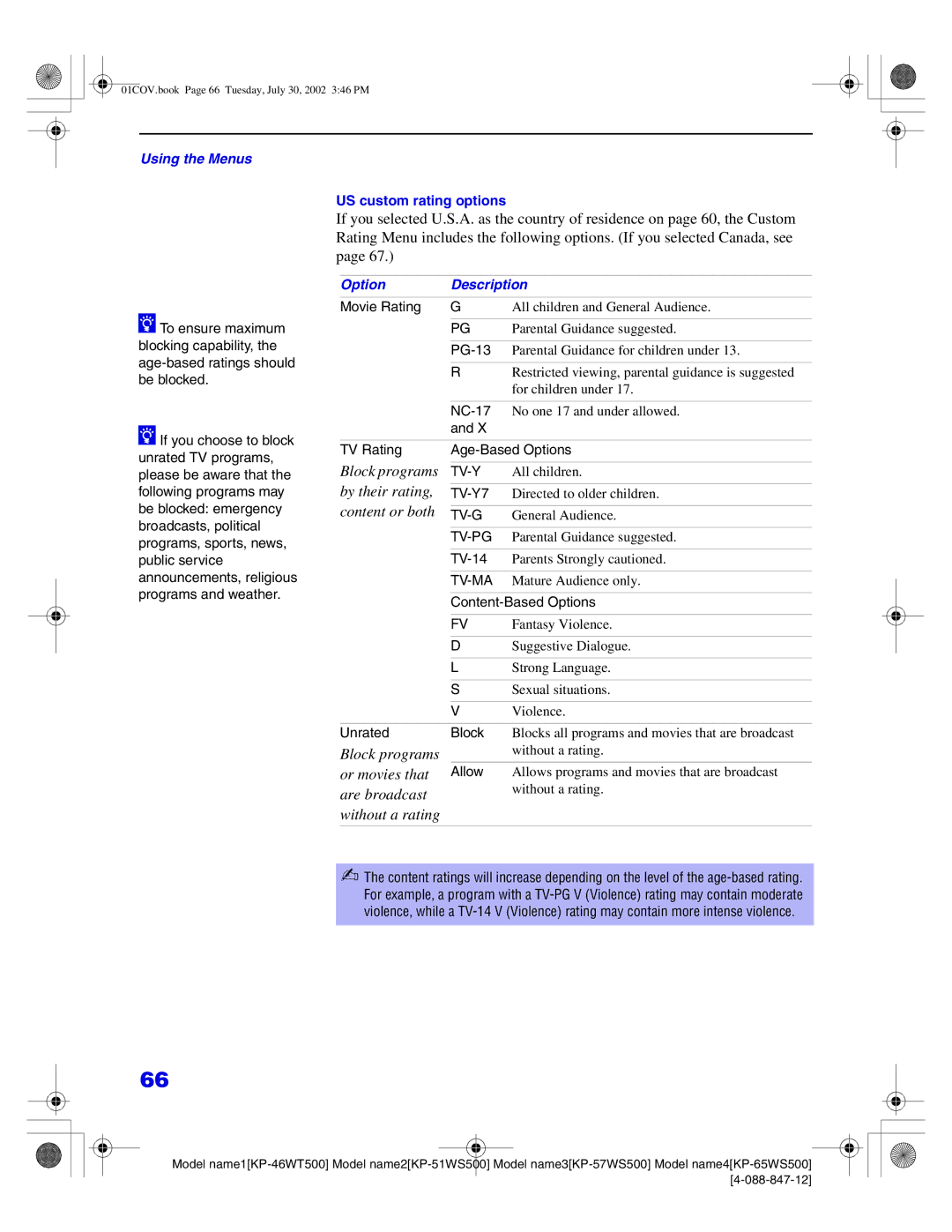 Sony KP-57WS500 manual Movie Rating, PG-13, NC-17, TV Rating Age-Based Options, TV-Y7, TV-14, Content-Based Options, Allow 