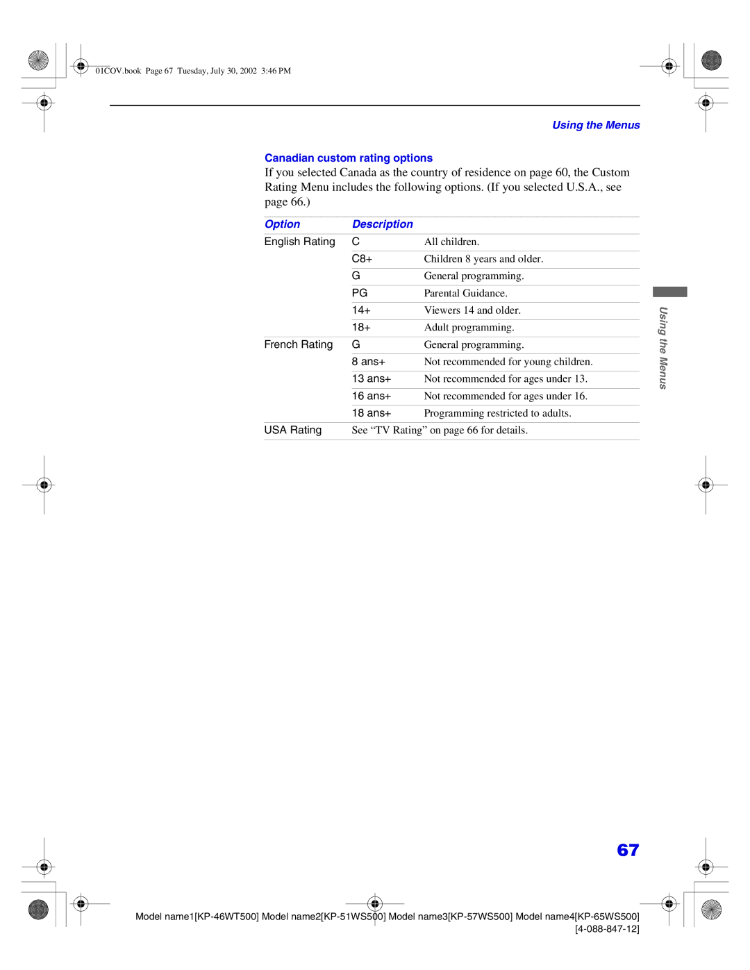 Sony KP-46WT500, KP-65WS500 manual English Rating, C8+, 14+, 18+, French Rating, Ans+, 13 ans+, 16 ans+, 18 ans+, USA Rating 