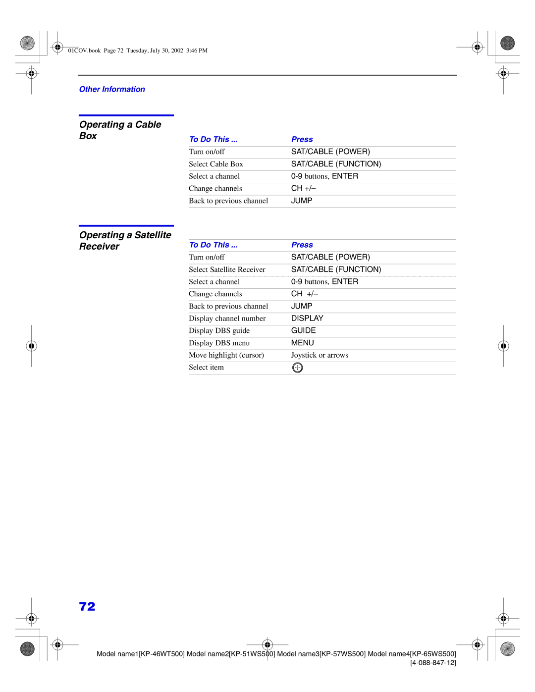 Sony KP-65WS500, KP-51WS500, KP-57WS500, KP-46WT500 Operating a Cable Box, Operating a Satellite Receiver, Buttons, Enter 