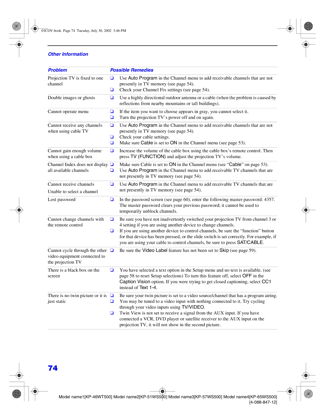 Sony KP-57WS500, KP-65WS500, KP-51WS500, KP-46WT500 manual Other Information Problem 