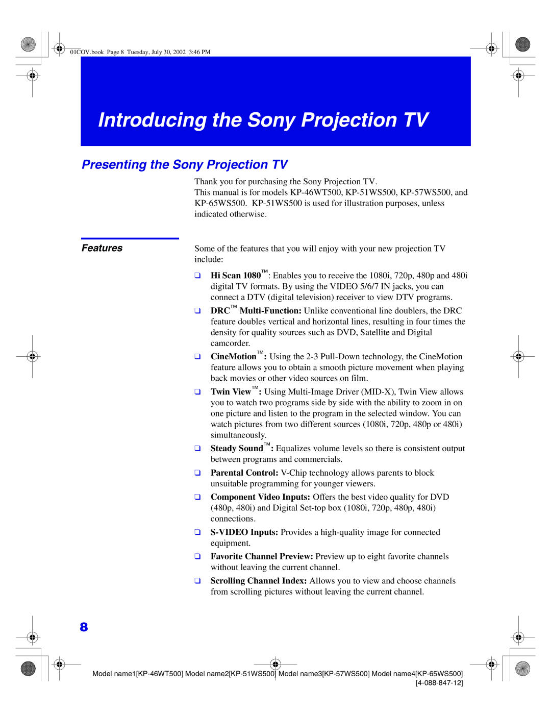 Sony KP-65WS500, KP-51WS500, KP-57WS500, KP-46WT500 manual Presenting the Sony Projection TV, Features, Include 