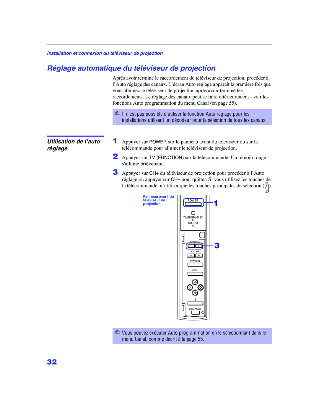 Sony KP 65WS500, KP-57WS500 manual Réglage automatique du téléviseur de projection, Utilisation de l’auto réglage 