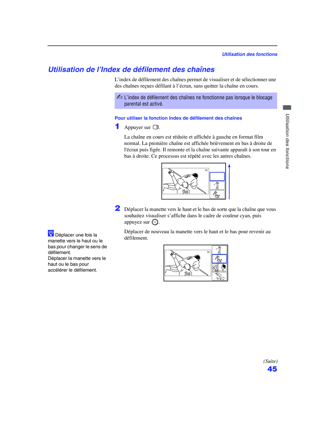 Sony KP-57WS500, KP 65WS500 manual Utilisation de l’Index de défilement des chaînes 