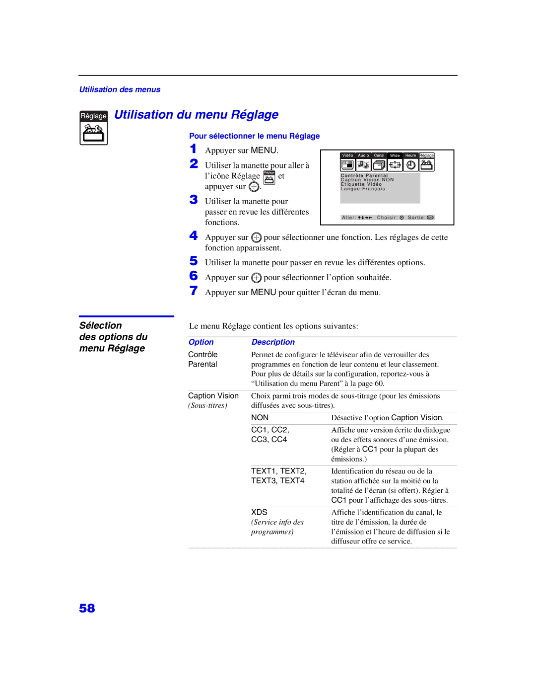 Sony KP 65WS500 Utilisation du menu Réglage, Sélection Des options du menu Réglage, Contrôle, Parental, Caption Vision 